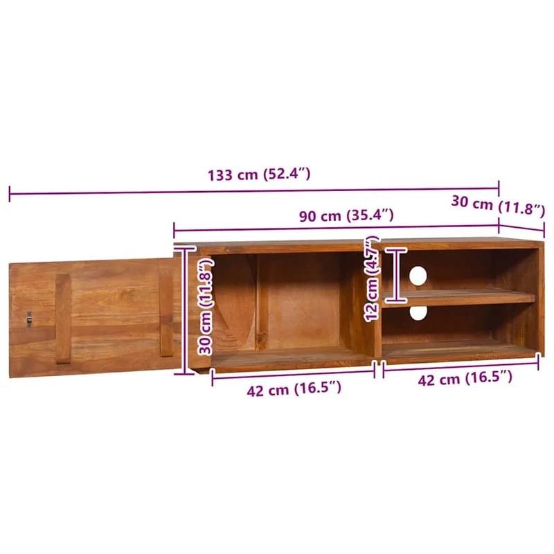 vidaXL Meuble TV Mural Armoire Basse Meuble Divertissement avec 1 Compartiment et 2 Etagères Salon Maison Intérieur 90x30x30 cm Bois de Teck Massif