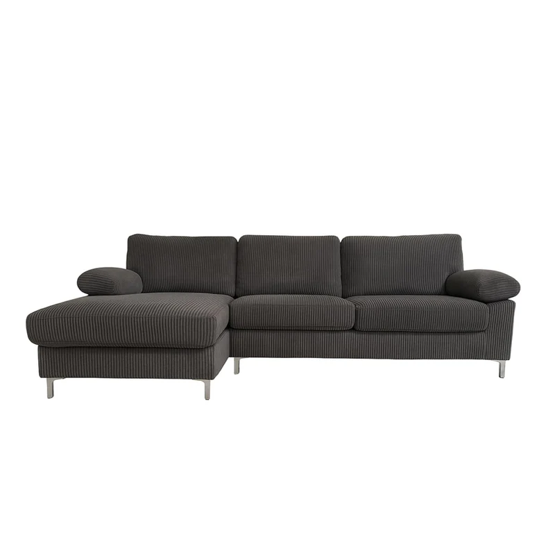 CONCEPT USINE | Canapé d’Angle 4-5 Places Galway Gris Anthracite | Méridienne Gauche | Velours Côtelé Ultra Doux | Assise Profonde et Moelleuse | Pieds Métal | Confort Durable | Look Contemporain