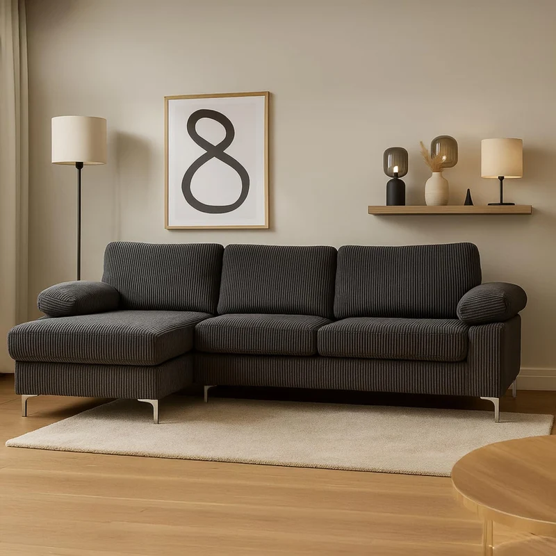 CONCEPT USINE | Canapé d’Angle 4-5 Places Galway Gris Anthracite | Méridienne Gauche | Velours Côtelé Ultra Doux | Assise Profonde et Moelleuse | Pieds Métal | Confort Durable | Look Contemporain