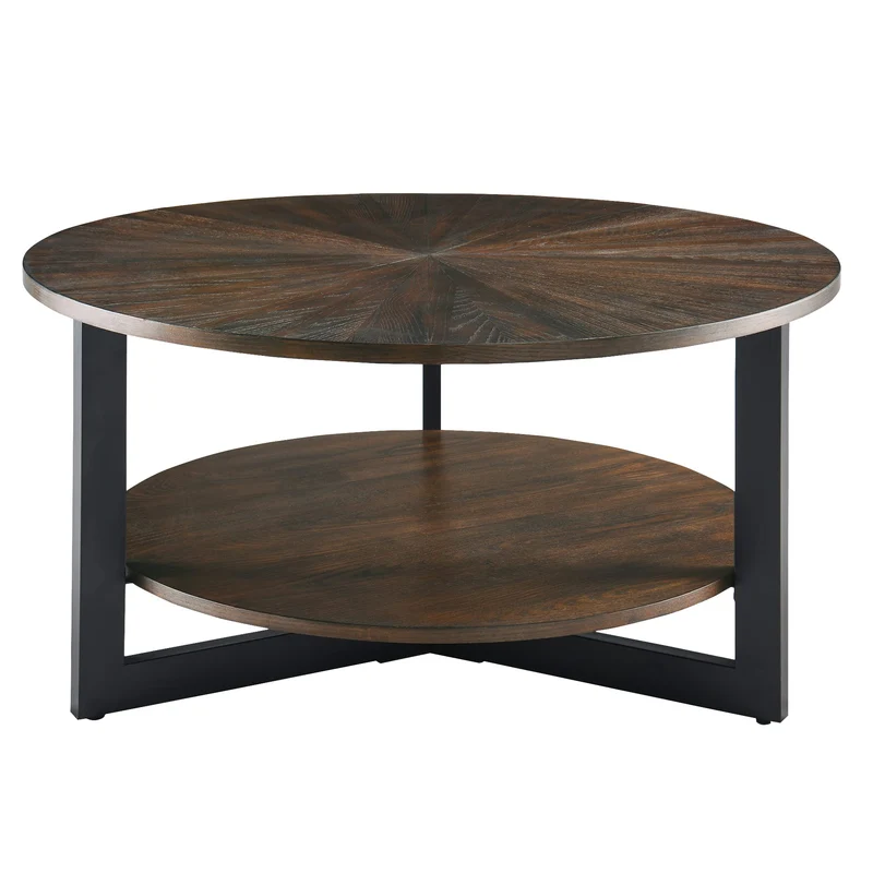 MODERION KFZ-1336 Table de salon ronde, table basse, table basse double couche, table de loisirs en bois massif, style naturel minimaliste, 85 x 85 x 45,5 cm (marron)