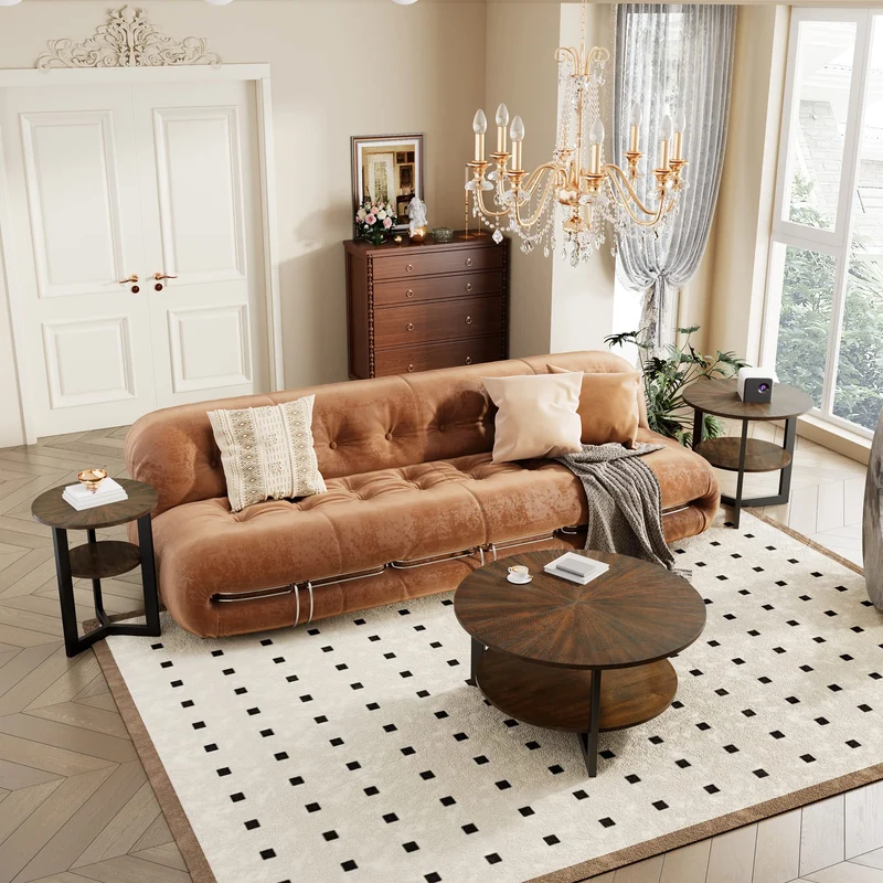 MODERION KFZ-1336 Table de salon ronde, table basse, table basse double couche, table de loisirs en bois massif, style naturel minimaliste, 85 x 85 x 45,5 cm (marron)