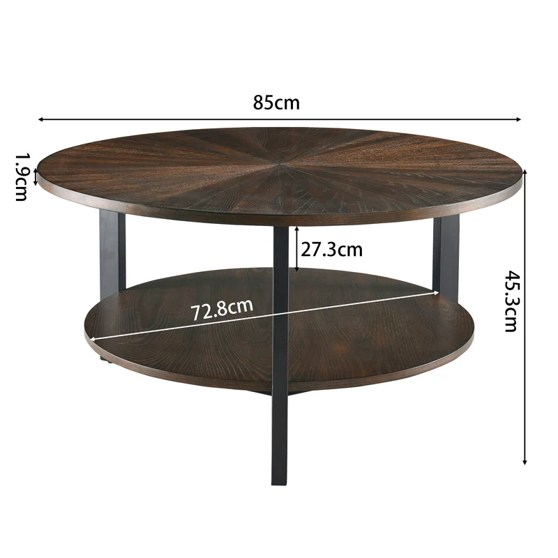 MODERION KFZ-1336 Table de salon ronde, table basse, table basse double couche, table de loisirs en bois massif, style naturel minimaliste, 85 x 85 x 45,5 cm (marron)