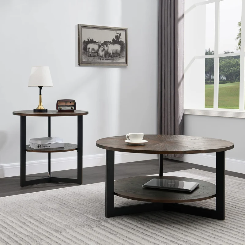 MODERION KFZ-1336 Table de salon ronde, table basse, table basse double couche, table de loisirs en bois massif, style naturel minimaliste, 85 x 85 x 45,5 cm (marron)