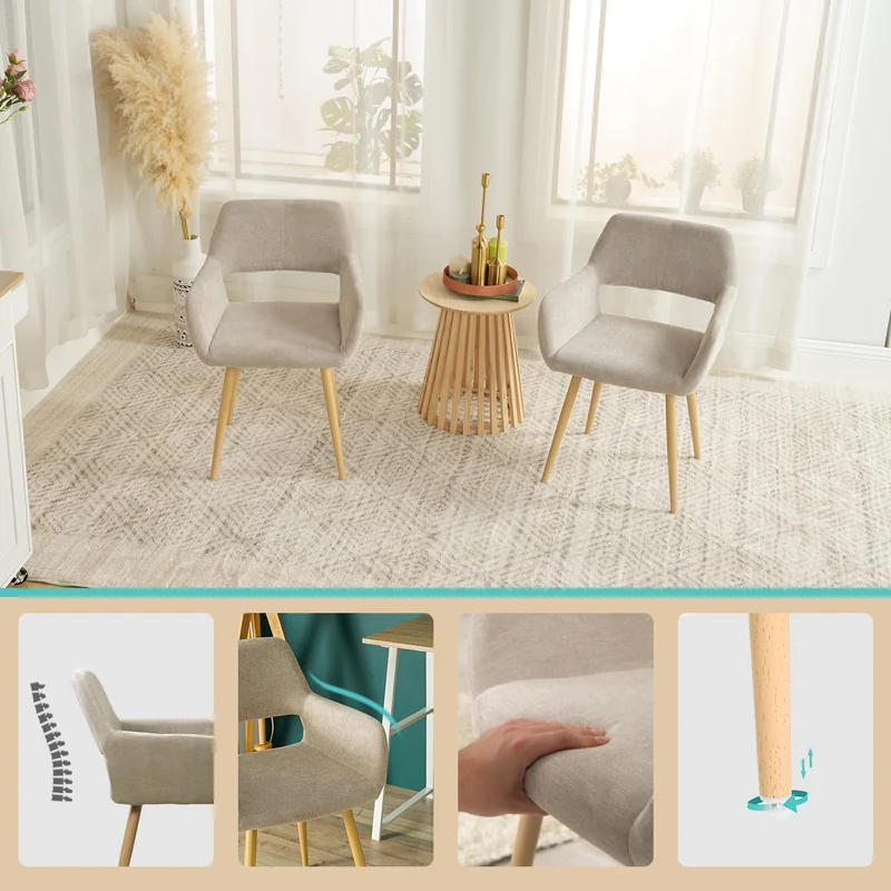 MEUBLE COSY Lot de 2 Chaises de Salle à Manger Scandinave Fauteuil Assise rembourrée en tissu Pieds en métal pour Cuisine Salon Chambre Bureau, Brune, Beige