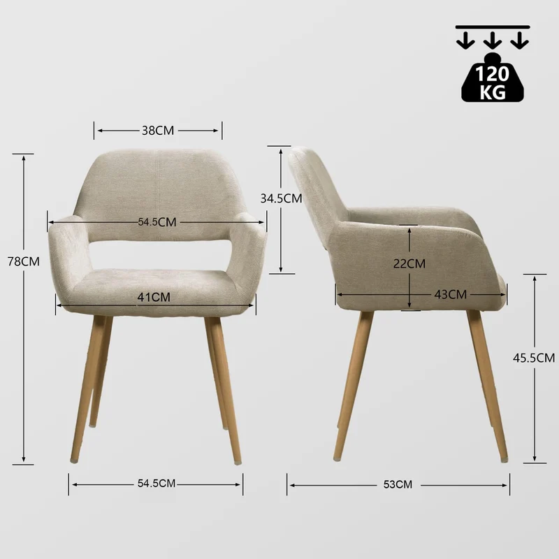 MEUBLE COSY Lot de 2 Chaises de Salle à Manger Scandinave Fauteuil Assise rembourrée en tissu Pieds en métal pour Cuisine Salon Chambre Bureau, Brune, Beige