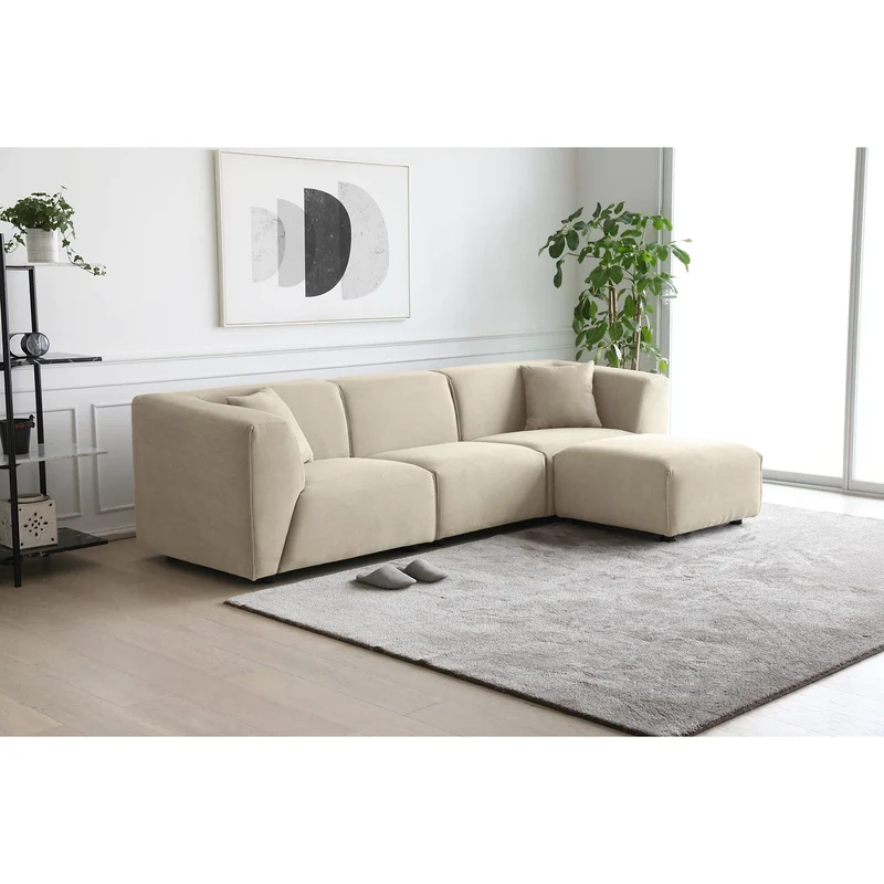 CONCEPT USINE | Canapé Modulable en Velours Côtelé | 3 Places + 1 Pouf | Monroe Beige | Style Moderne et Ultra Tendance | Large Assise et Pouf Modulable | Revêtement : Tissu 100% Polyester