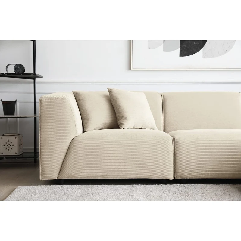 CONCEPT USINE | Canapé Modulable en Velours Côtelé | 3 Places + 1 Pouf | Monroe Beige | Style Moderne et Ultra Tendance | Large Assise et Pouf Modulable | Revêtement : Tissu 100% Polyester