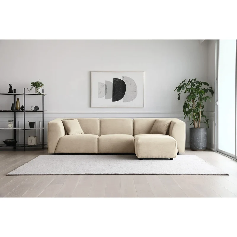 CONCEPT USINE | Canapé Modulable en Velours Côtelé | 3 Places + 1 Pouf | Monroe Beige | Style Moderne et Ultra Tendance | Large Assise et Pouf Modulable | Revêtement : Tissu 100% Polyester