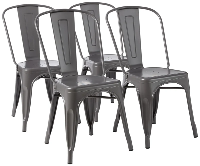 Amazon Basics Lot de 4 chaises de salle à manger empilables en métal avec dossier pour bistrot, cuisine, intérieur et extérieur, Gris Foncé, 51 x 43 x 85 cm
