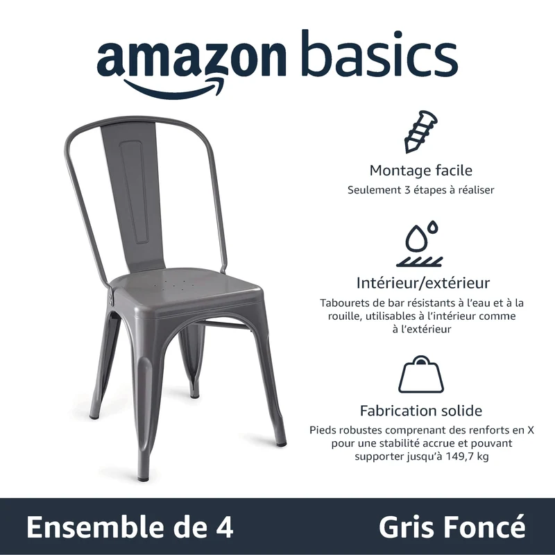 Amazon Basics Lot de 4 chaises de salle à manger empilables en métal avec dossier pour bistrot, cuisine, intérieur et extérieur, Gris Foncé, 51 x 43 x 85 cm