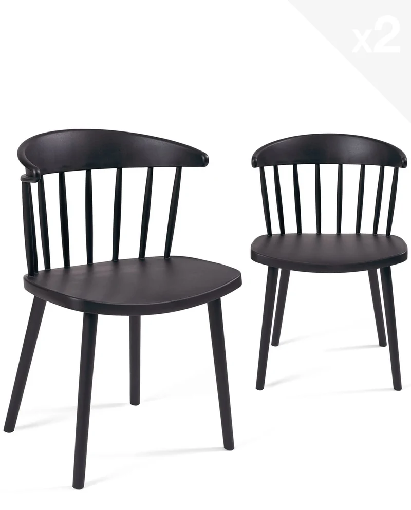 KAYELLES Lot de 2 chaises à barreaux Noires, Style rétro Western - Windsor, Large Assise, Dossier Enveloppant DIA (Noir)