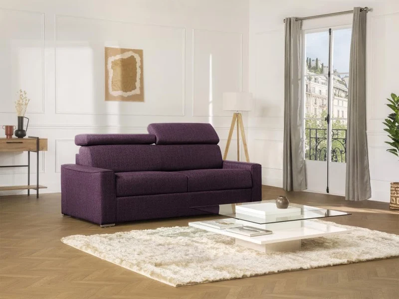 Vente-unique - Canapé 2 Places Convertible Express en Tissu Violet - Couchage 120 cm - Matelas 22 cm avec mémoire de Forme Vizir
