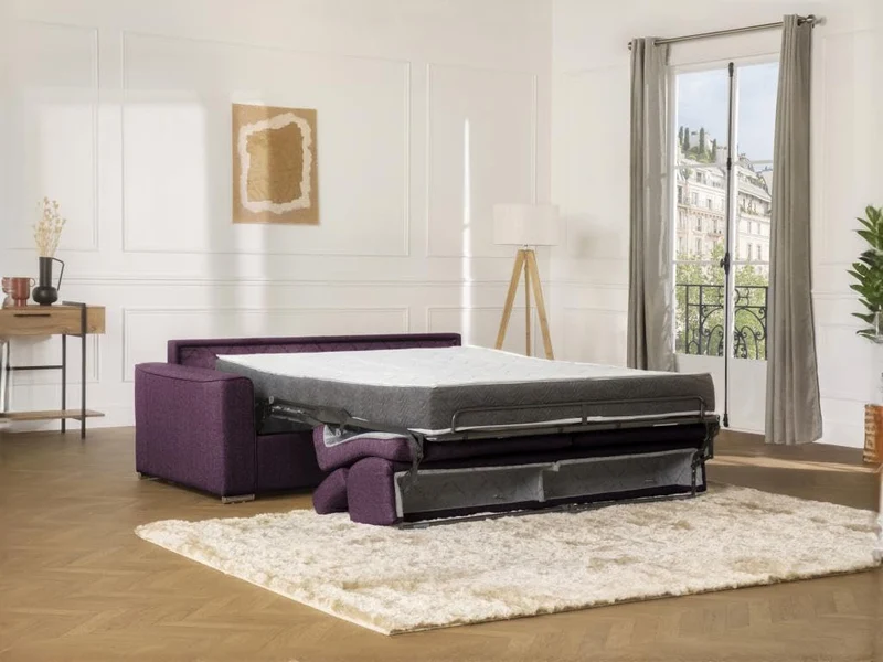 Vente-unique - Canapé 2 Places Convertible Express en Tissu Violet - Couchage 120 cm - Matelas 22 cm avec mémoire de Forme Vizir