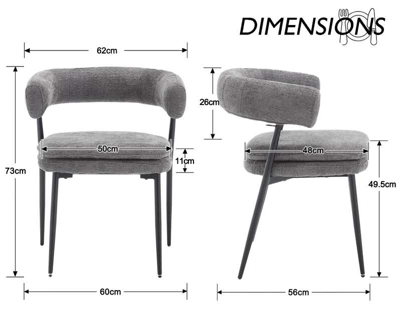 chairus Chaises de Cuisine Lot de 2 en Tissu Chenille Chaise Salle à Manger avec Double Coussin Rembourré Chaise de Salon avec Pieds Métal, Gris