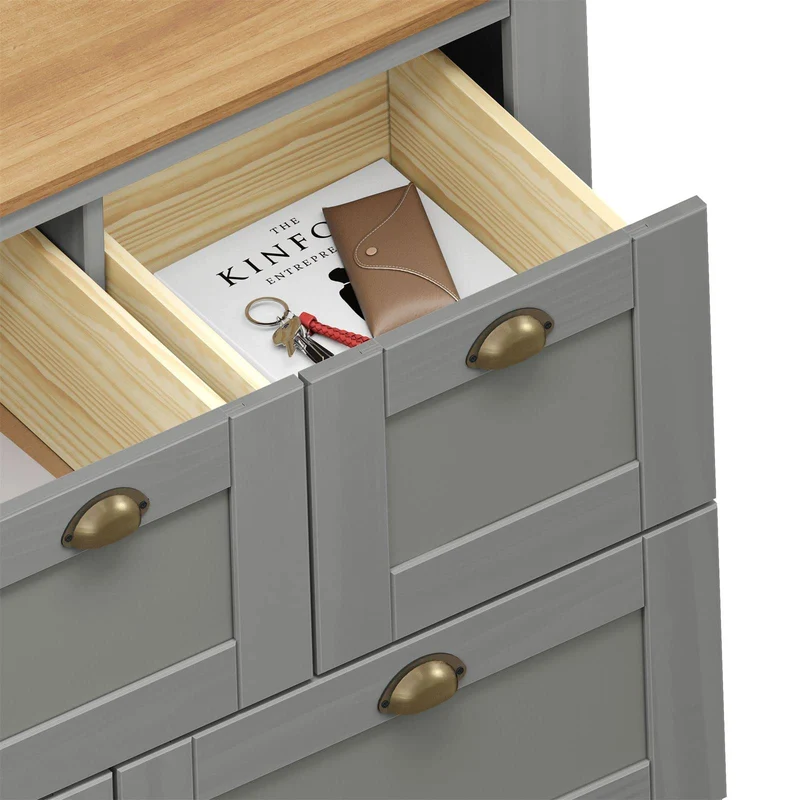 IDIMEX Commode Chambre Bolton L 110 cm en Bois Massif Gris et Brun 7 tiroirs Meuble de Rangement Adulte Buffet Pratique Style Campagne Classique avec Poignets Coquille en métal Coloris Bronze
