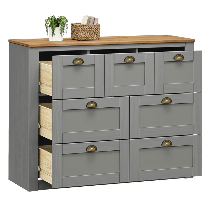 IDIMEX Commode Chambre Bolton L 110 cm en Bois Massif Gris et Brun 7 tiroirs Meuble de Rangement Adulte Buffet Pratique Style Campagne Classique avec Poignets Coquille en métal Coloris Bronze