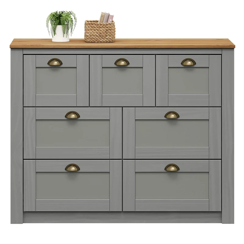 IDIMEX Commode Chambre Bolton L 110 cm en Bois Massif Gris et Brun 7 tiroirs Meuble de Rangement Adulte Buffet Pratique Style Campagne Classique avec Poignets Coquille en métal Coloris Bronze