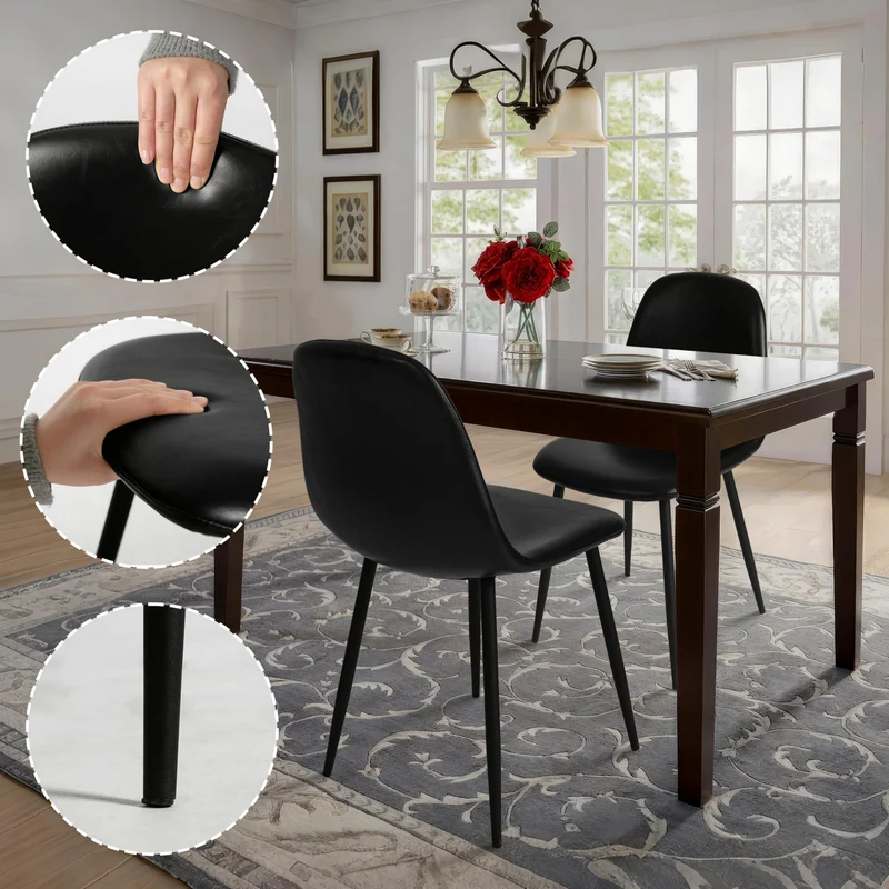 CangLong Lot de 2 chaises de Salle à Manger Chaises de Cuisine rétro rembourrées pour la Cuisine et la Salle à Manger, chaises scandinaves en Similicuir avec Pieds en métal, Noir