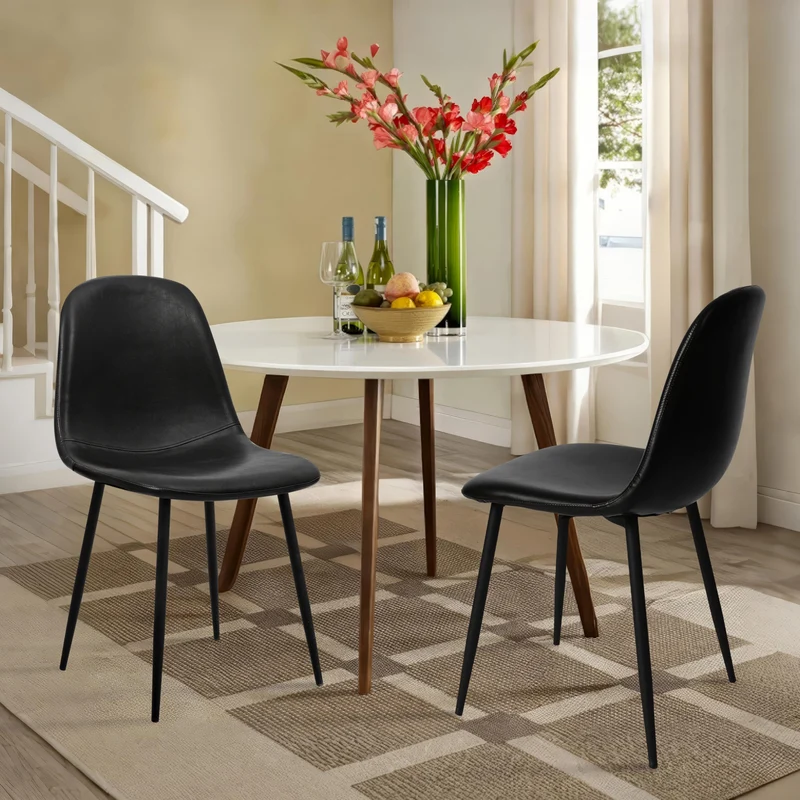 CangLong Lot de 2 chaises de Salle à Manger Chaises de Cuisine rétro rembourrées pour la Cuisine et la Salle à Manger, chaises scandinaves en Similicuir avec Pieds en métal, Noir