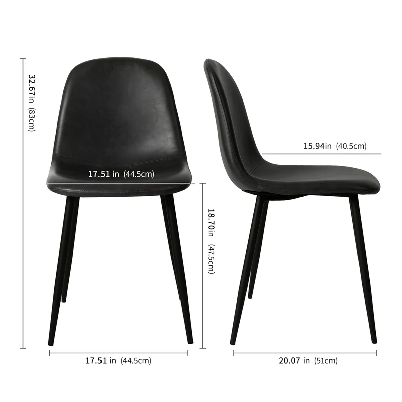 CangLong Lot de 2 chaises de Salle à Manger Chaises de Cuisine rétro rembourrées pour la Cuisine et la Salle à Manger, chaises scandinaves en Similicuir avec Pieds en métal, Noir