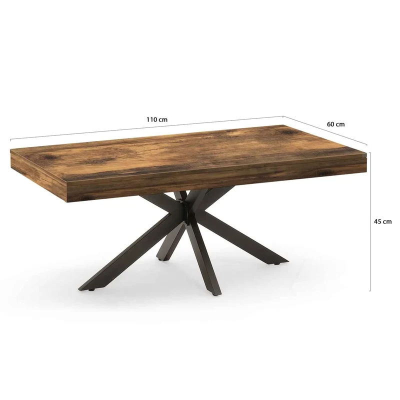 IDMarket - Table Basse rectangulaire Alix 110 cm Pied araignée Bois foncé Effet Vieilli et Noir