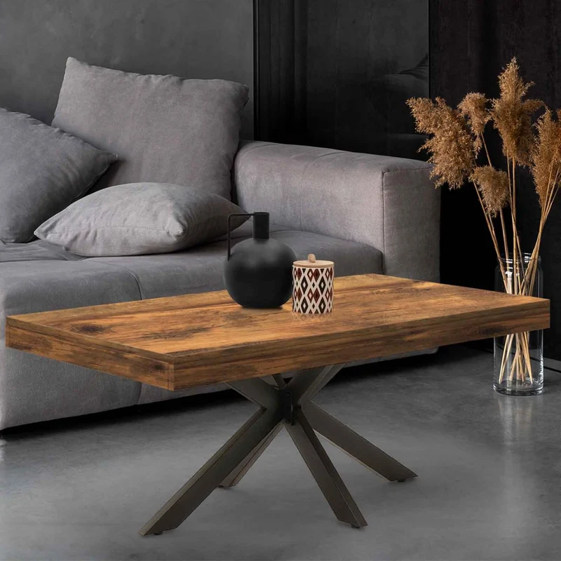 IDMarket - Table Basse rectangulaire Alix 110 cm Pied araignée Bois foncé Effet Vieilli et Noir