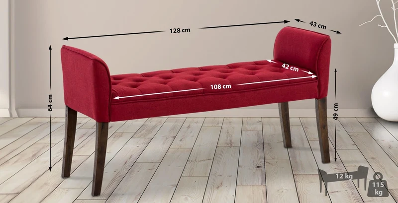CLP Banquette Cleopatra en Tissu I Banc Rembourré avec Accoudoirs Style Chesterfiled I Piétement en Bois I Banquette Capitonnée 133 x 64 x 43cm, Couleur:Rouge, Couleur du Cadre:Antique foncé