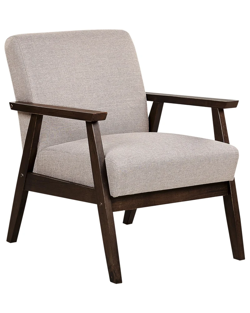 Beliani Fauteuil en Tissu Taupe et Bois d'Hévéa Sombre Accoudoirs en Bois Droit Rétro Asnes