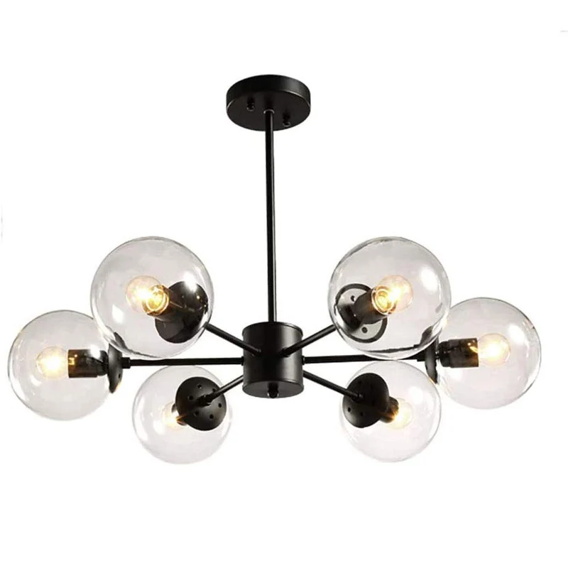 12-lumières Spoutnik Lustre Vintage Boule De Verre Suspension Luminaire Industriel Millésime Noir Plafonnier Intérieur Pour Cuisine Salon Salle à Manger Restaurant-Couleur transparente. 6 lumière