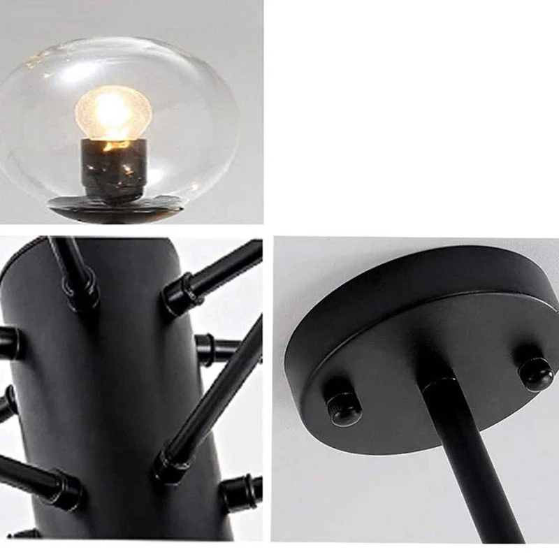 12-lumières Spoutnik Lustre Vintage Boule De Verre Suspension Luminaire Industriel Millésime Noir Plafonnier Intérieur Pour Cuisine Salon Salle à Manger Restaurant-Couleur transparente. 6 lumière