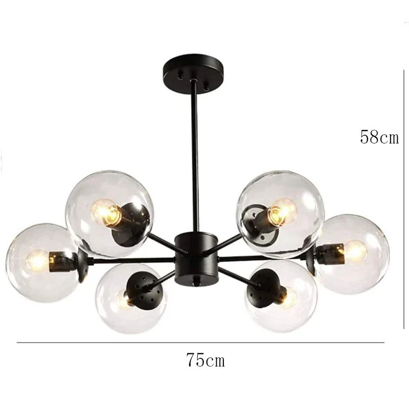 12-lumières Spoutnik Lustre Vintage Boule De Verre Suspension Luminaire Industriel Millésime Noir Plafonnier Intérieur Pour Cuisine Salon Salle à Manger Restaurant-Couleur transparente. 6 lumière