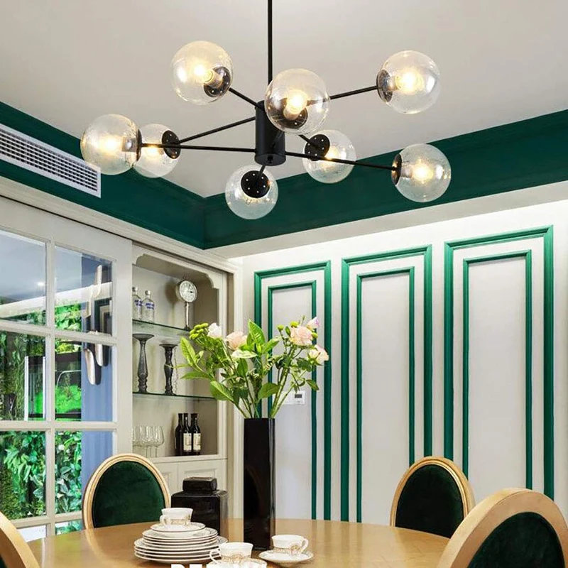 12-lumières Spoutnik Lustre Vintage Boule De Verre Suspension Luminaire Industriel Millésime Noir Plafonnier Intérieur Pour Cuisine Salon Salle à Manger Restaurant-Couleur transparente. 6 lumière