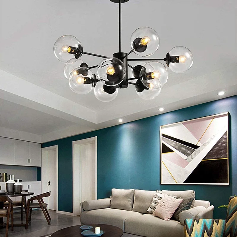12-lumières Spoutnik Lustre Vintage Boule De Verre Suspension Luminaire Industriel Millésime Noir Plafonnier Intérieur Pour Cuisine Salon Salle à Manger Restaurant-Couleur transparente. 6 lumière