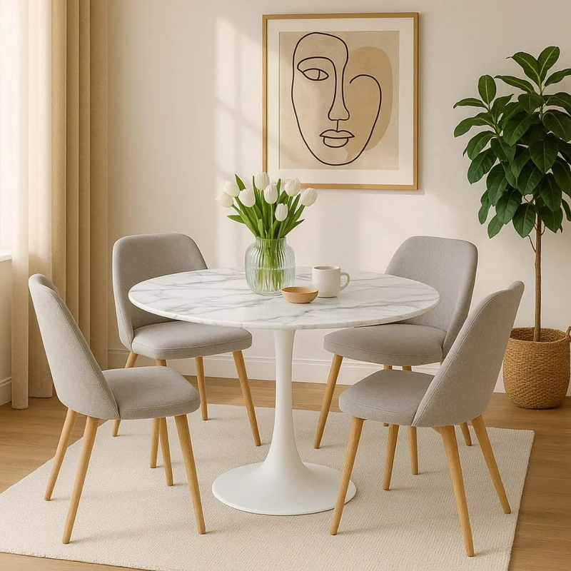 Table à Manger Ronde pour 4 à 5 Personnes diamètre 100 cm, Plateau en Verre trempé Aspect marbre Blanc, Base Ronde en métal Blanc - Tulips