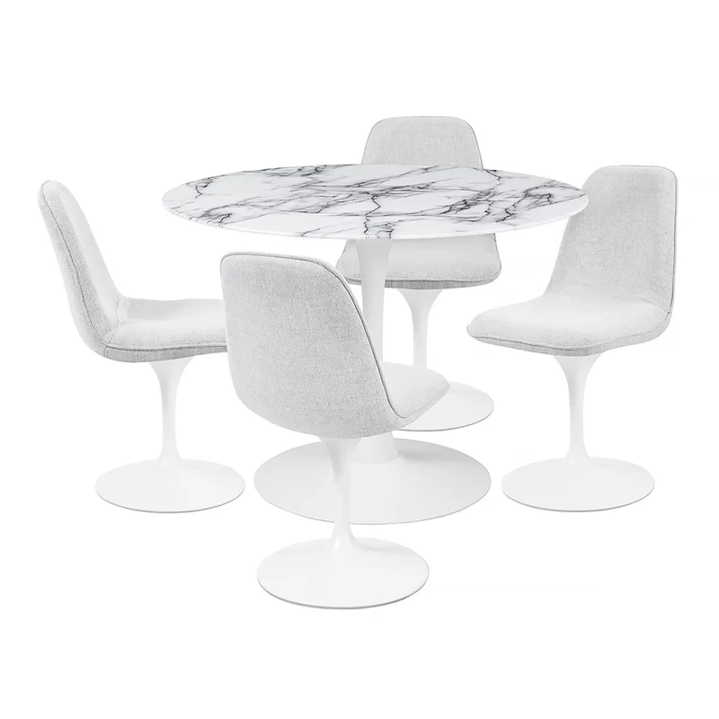 Table à Manger Ronde pour 4 à 5 Personnes diamètre 100 cm, Plateau en Verre trempé Aspect marbre Blanc, Base Ronde en métal Blanc - Tulips