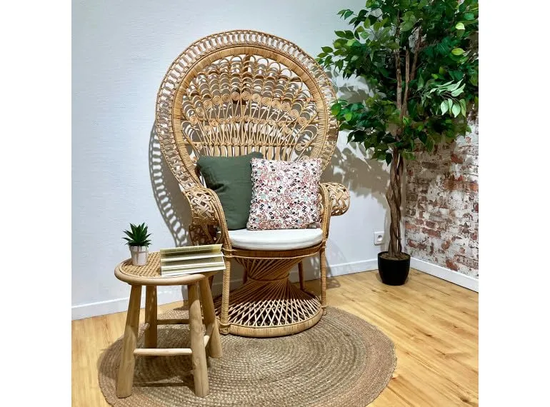 Fauteuil Emmanuelle H.147 cm en rotin tressé avec Un Coussin Blanc - Peacock