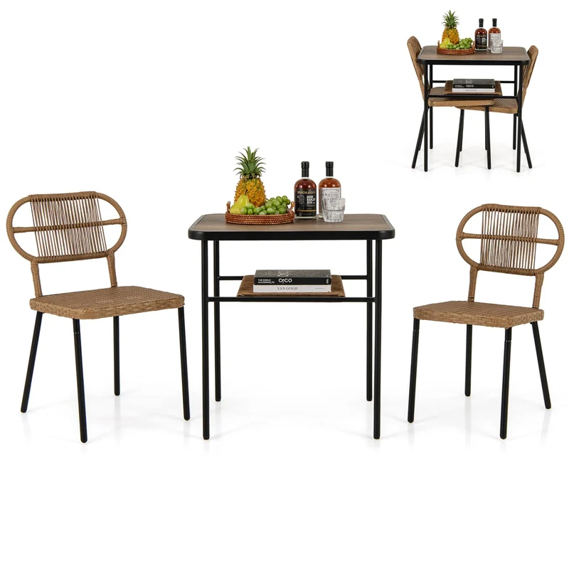 COSTWAY Ensemble de Meubles 3 Pcs de Patio en Rotin Charge 180KG, Salon de Jardin 2 Chaises Empilables de Différentes Tailles et Table à Manger avec Etagère, pour Jardin Balcon, Naturel