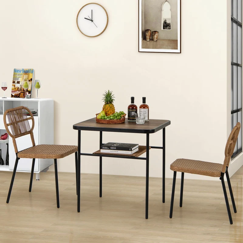 COSTWAY Ensemble de Meubles 3 Pcs de Patio en Rotin Charge 180KG, Salon de Jardin 2 Chaises Empilables de Différentes Tailles et Table à Manger avec Etagère, pour Jardin Balcon, Naturel