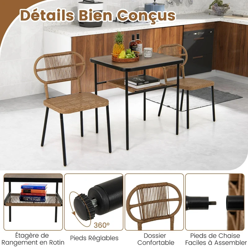 COSTWAY Ensemble de Meubles 3 Pcs de Patio en Rotin Charge 180KG, Salon de Jardin 2 Chaises Empilables de Différentes Tailles et Table à Manger avec Etagère, pour Jardin Balcon, Naturel