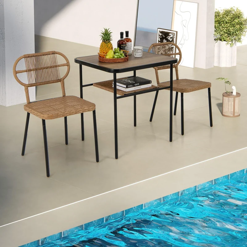 COSTWAY Ensemble de Meubles 3 Pcs de Patio en Rotin Charge 180KG, Salon de Jardin 2 Chaises Empilables de Différentes Tailles et Table à Manger avec Etagère, pour Jardin Balcon, Naturel
