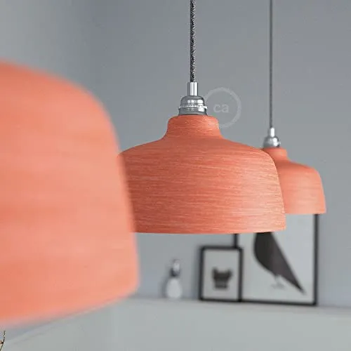 creative cables - Suspension fabriquée en Italie avec câble Textile, Abat-Jour Coupe en céramique et Finition en métal - sans Ampoule, Rouge Corail à Rayures - Blanc