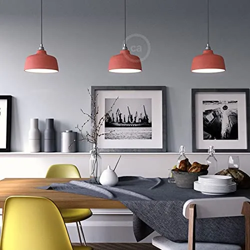 creative cables - Suspension fabriquée en Italie avec câble Textile, Abat-Jour Coupe en céramique et Finition en métal - sans Ampoule, Rouge Corail à Rayures - Blanc