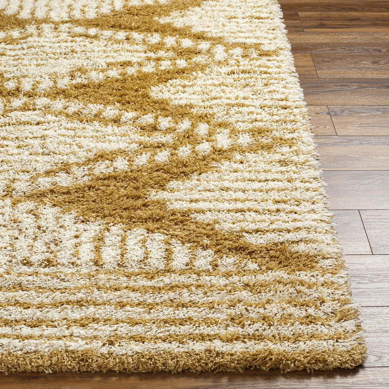 Livabliss Tuzla Tapis Shaggy Berbere - Tapis Salon, Salle à Manger, Chambre Adulte et Ado, Cuisine - Poil Long Moelleux et Doux, Beige Motif Berbère, Carpette Chambre 160x220 cm - Moutarde et Blanc