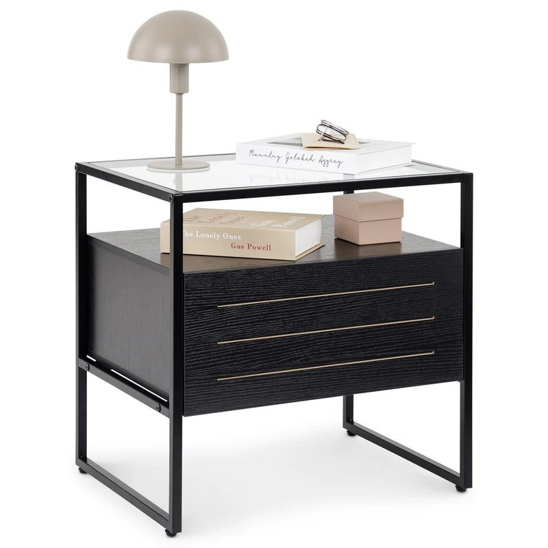 IDIMEX Table de Chevet ARUMA H 51 cm avec 1 tiroir, Plateau en Verre au Style Moderne et Industriel Coloris Noir, pour Chambre avec Rangement Niche Ouverte