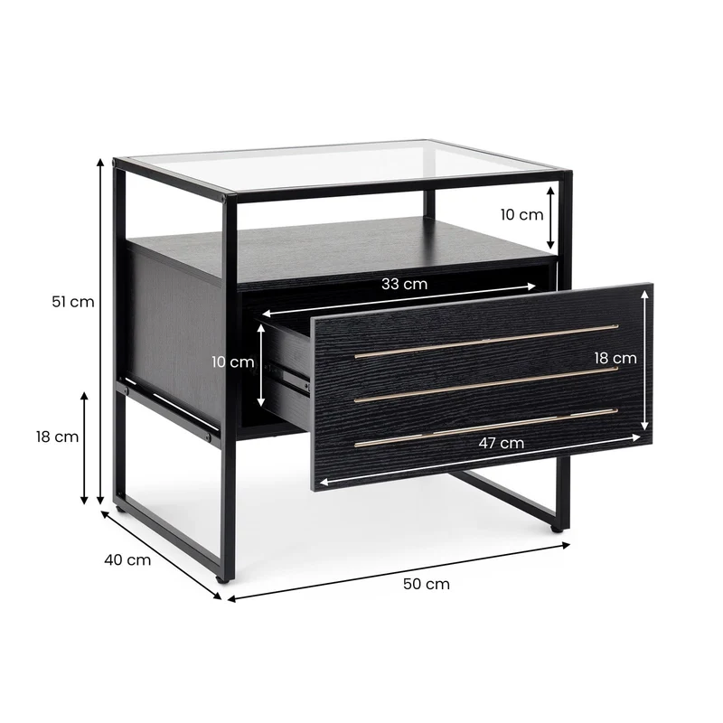 IDIMEX Table de Chevet ARUMA H 51 cm avec 1 tiroir, Plateau en Verre au Style Moderne et Industriel Coloris Noir, pour Chambre avec Rangement Niche Ouverte