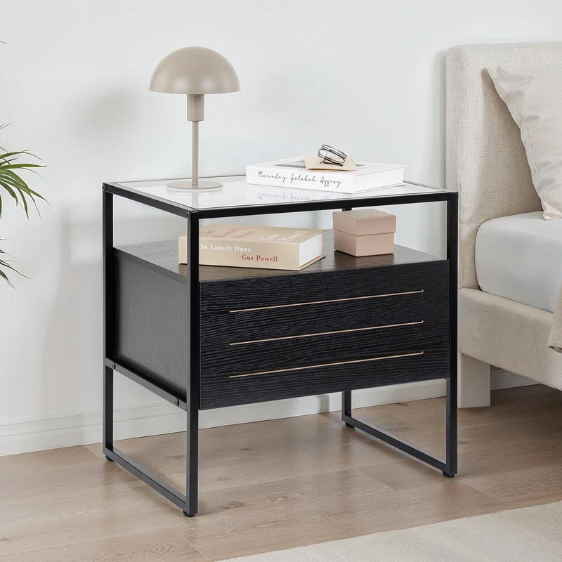 IDIMEX Table de Chevet ARUMA H 51 cm avec 1 tiroir, Plateau en Verre au Style Moderne et Industriel Coloris Noir, pour Chambre avec Rangement Niche Ouverte