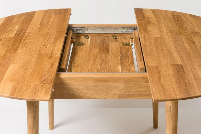 NordicStory Escandi Table de salle à manger ronde extensible en bois de chêne massif Style nordique 110-145 x 110 x 75 cm Couleur chêne naturel