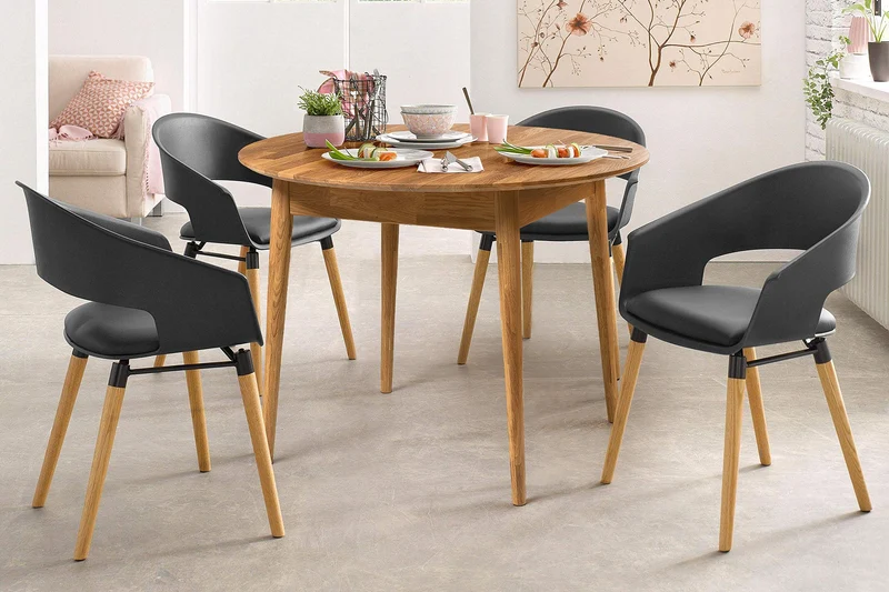 NordicStory Escandi Table de salle à manger ronde extensible en bois de chêne massif Style nordique 110-145 x 110 x 75 cm Couleur chêne naturel