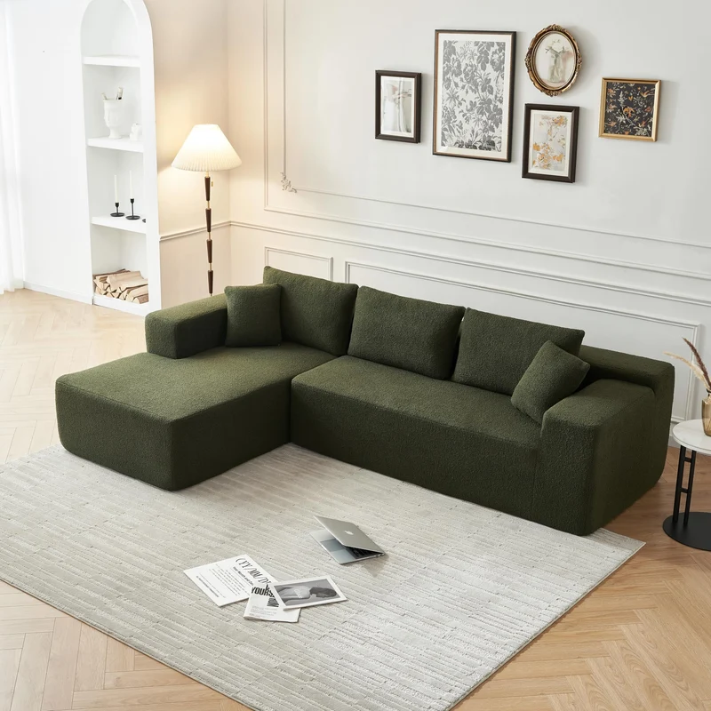 Galyar Canapé Modulaire Chic avec Méridienne – Moderne, en Mousse Compressée, Livraison en Carton, sans Montage (Bouclé Vert Anglais, Chaiselongu Droite)