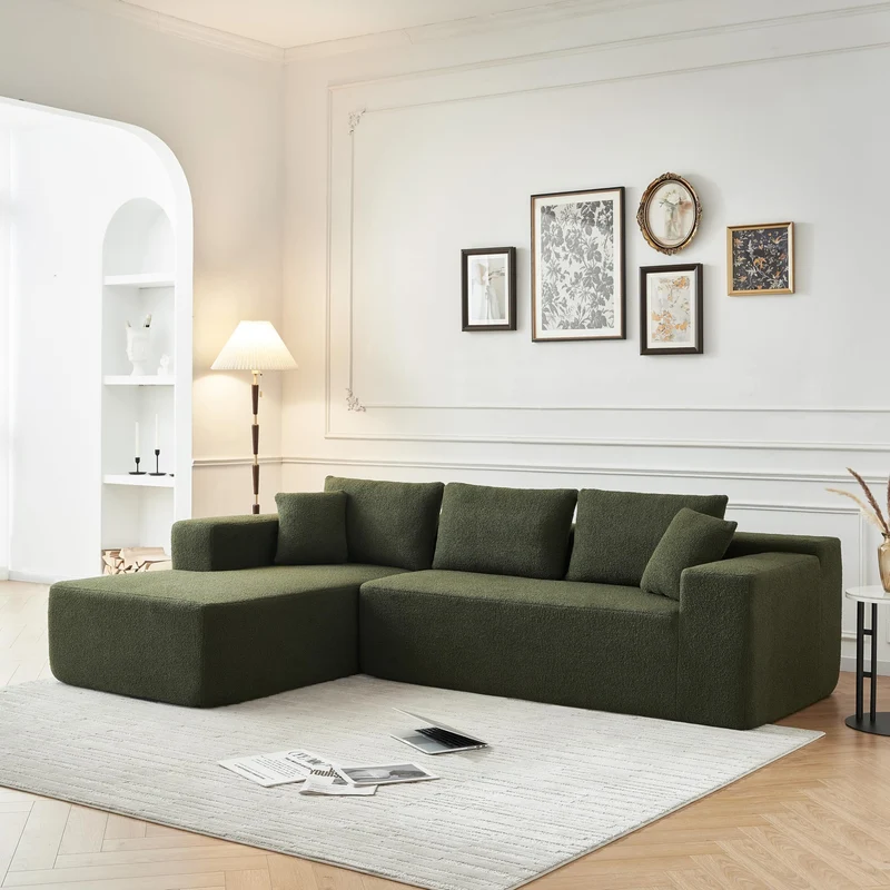 Galyar Canapé Modulaire Chic avec Méridienne – Moderne, en Mousse Compressée, Livraison en Carton, sans Montage (Bouclé Vert Anglais, Chaiselongu Droite)